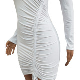 White Plain Color Drawstring Ruched Bodycon Dress