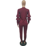 8 Colors Fashion Tracksuit Burgundy Ruffle Trim Sweat Suits 