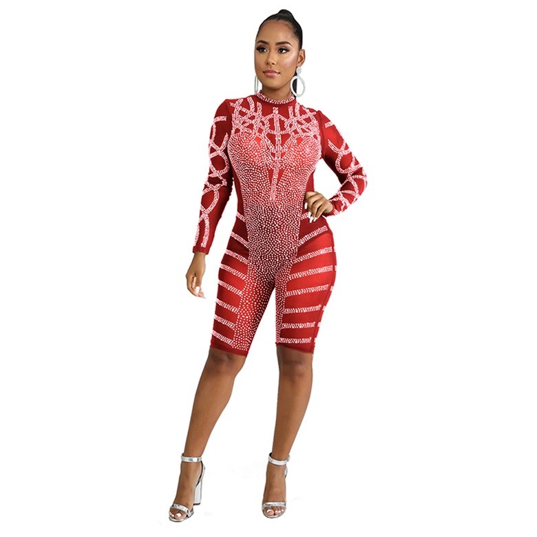 Sparkle Rhinestone Long Sleeve Red Mesh Tight Romper US$ 10.99 - www.lover-pretty.com