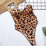 Leopard Print Ruched Straps One Piece Swimsuit