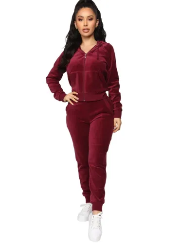 Velvet Front Pocket Hooded Tracksuit in Burgundy