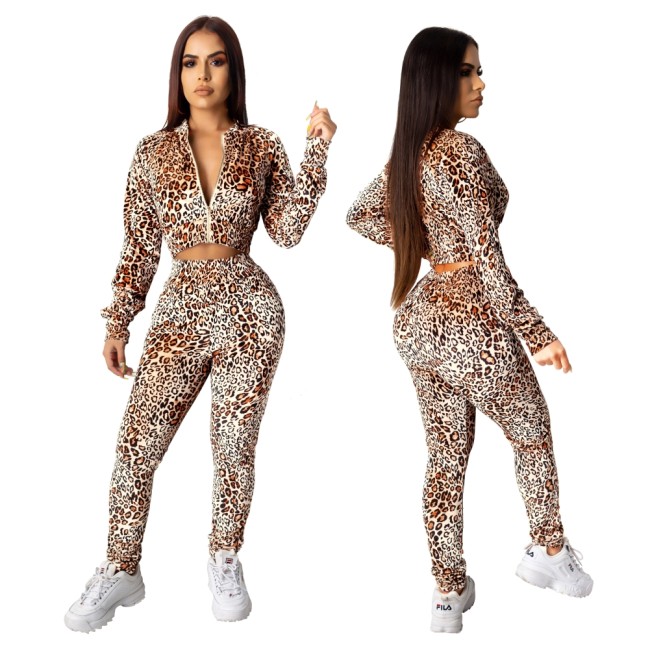 Leopard Print Zip Up Crop Jacket & Pants Set