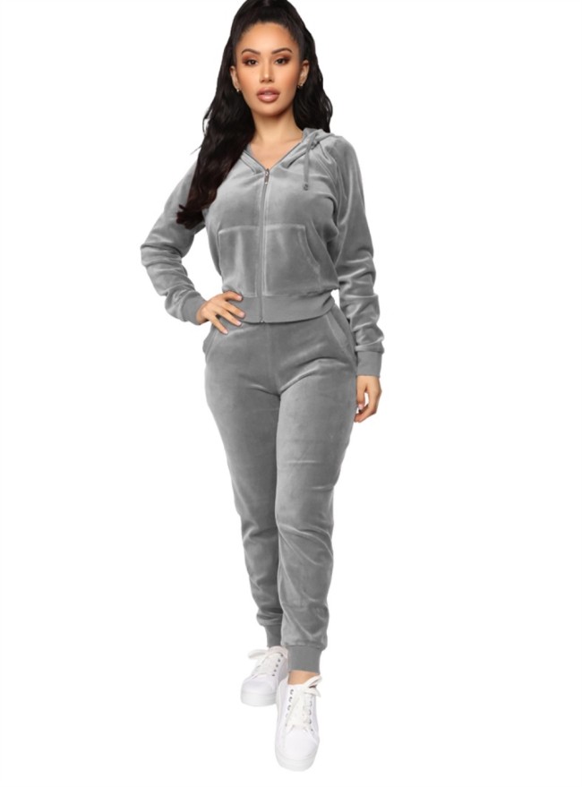 Gray Velvet Front Pocket Hooded Tracksuit