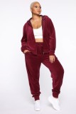 Velvet Front Pocket Hooded Tracksuit in Burgundy