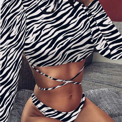 Zebra Tie Around Bikini Set & Long Sleeve Mesh Top 3PCS