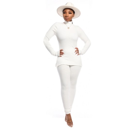 White High Neck Rib-Knit Thumb Hole Fitted Top and Leggings