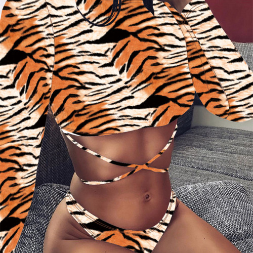 Tiger Skin Tie Around Bikini Set & Long Sleeve Mesh Top 3PCS