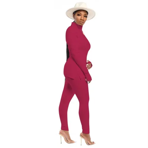 Plain High Neck Rib-Knit Thumb Hole Fitted Top and Leggings