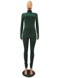 Dark Green High Neck Rib-Knit Fitted Top and Leggings
