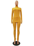 Yellow High Neck Rib-Knit Thumb Hole Fitted Top and Leggings