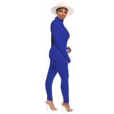Blue High Neck Rib-Knit Thumb Hole Fitted Top and Leggings
