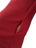 High Neck Burgundy Rib-Knit Thumb Hole Fitted Top and Leggings