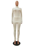 White High Neck Rib-Knit Thumb Hole Fitted Top and Leggings