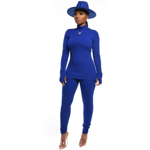 Blue High Neck Rib-Knit Thumb Hole Fitted Top and Leggings