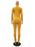 Yellow High Neck Rib-Knit Thumb Hole Fitted Top and Leggings