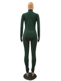 Dark Green High Neck Rib-Knit Fitted Top and Leggings