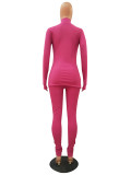 Plain High Neck Rib-Knit Thumb Hole Fitted Top and Leggings