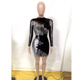 Black & Silver Plaid Sequin Bodycon Dress