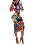 Printed Poker Long Sleeve Fashion Bodycon Dress