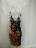 Color Changing Sequin Lace Up Back Deep V Cami Dress