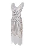 1920s Vintage Sequin Fringe Hem Flapper Dress in White