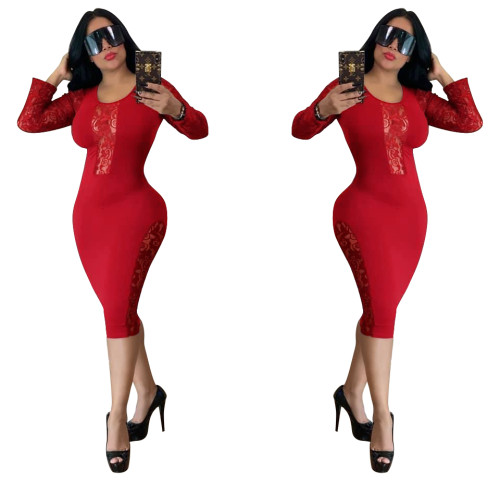 Red Lace Splicing Long Sleeve Bodycon Midi Dress