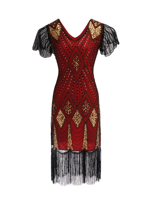 1920s Vintage Sequin Tassel Cocktail Dress In Red Gold On Sale For