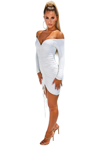 White Off Shoulder Ruched Drawstring Bodycon Dress