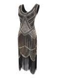 1920s Vintage Sequin Fringe Flapper Dress in Contrast Gold