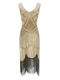 1920s Vintage Sequin Fringe Hem Flapper Dress in Apricot/Black