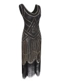 1920s Vintage Sequin Fringe Hem Flapper Dress in Black/Gold