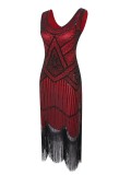 1920s Vintage Sequin Fringe Hem Flapper Dress in Red/Black