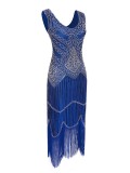 1920s Vintage Sequin Fringe Hem Flapper Dress in Blue