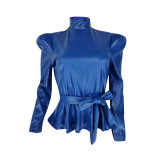 Blue High Neck Puff Sleeve Tie Waist Faux Leather Top