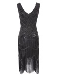 1920s Vintage Sequin Fringe Hem Flapper Dress in Black/Silver