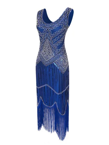 1920s Vintage Sequin Fringe Hem Flapper Dress in Blue