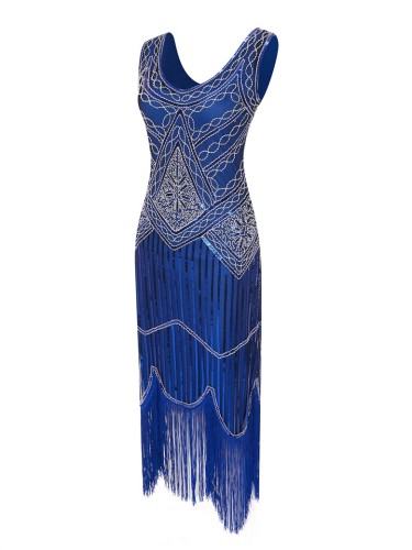 1920s Vintage Sequin Fringe Hem Flapper Dress in Blue
