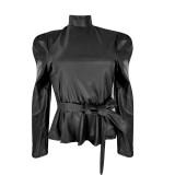 Black High Neck Puff Sleeve Tie Waist Faux Leather Top