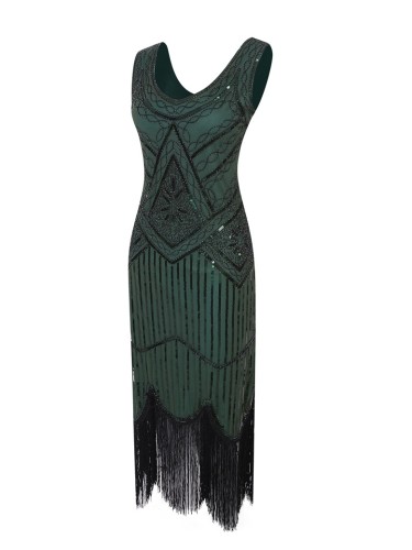 1920s Vintage Sequin Fringe Hem Flapper Dress in Green