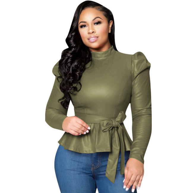 Green High Neck Puff Sleeve Tie Waist Faux Leather Top