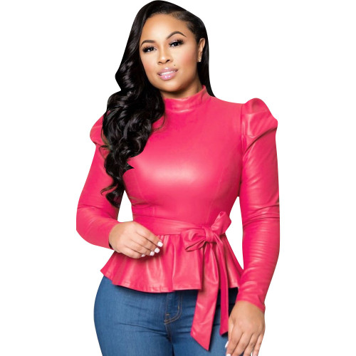 Hot Pink High Neck Puff Sleeve Tie Waist Faux Leather Top