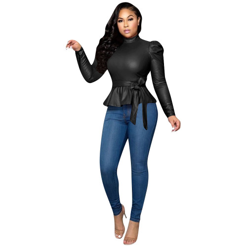 Black High Neck Puff Sleeve Tie Waist Faux Leather Top