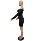 Black Off Shoulder Ruched Drawstring Bodycon Dress