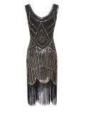 1920s Vintage Sequin Fringe Hem Flapper Dress in Black/Gold