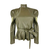Green High Neck Puff Sleeve Tie Waist Faux Leather Top