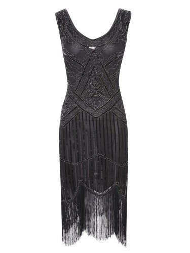 1920s Vintage Sequin Fringe Hem Flapper Dress in Black/Silver