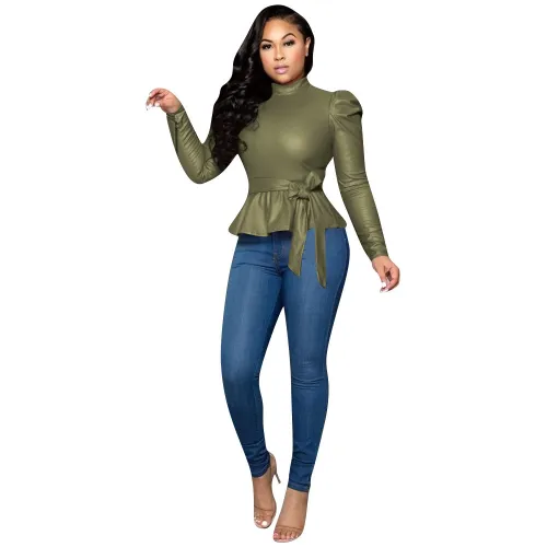 Green High Neck Puff Sleeve Tie Waist Faux Leather Top