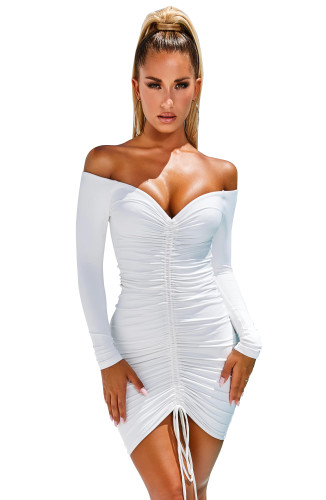 White Off Shoulder Ruched Drawstring Bodycon Dress