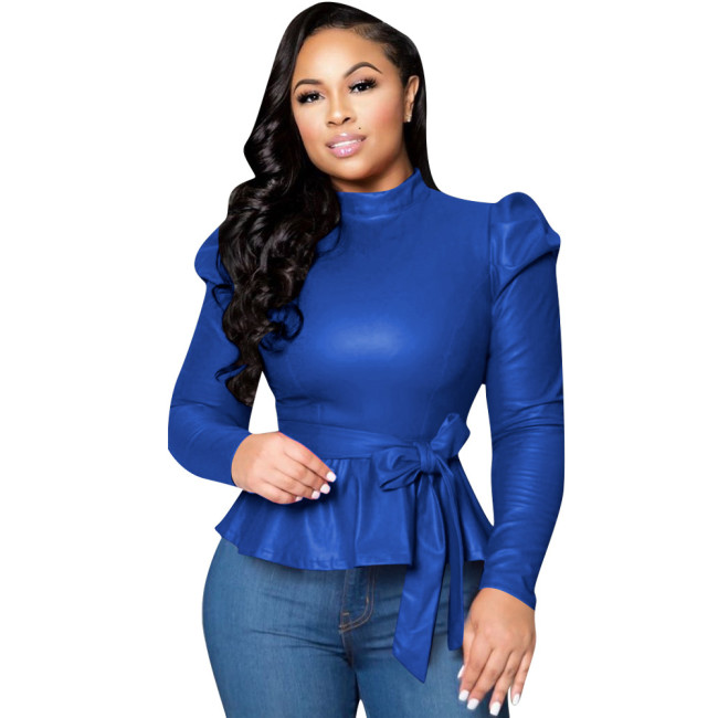 Blue High Neck Puff Sleeve Tie Waist Faux Leather Top