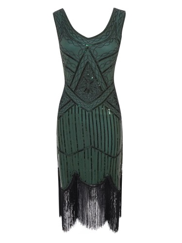 1920s Vintage Sequin Fringe Hem Flapper Dress in Green
